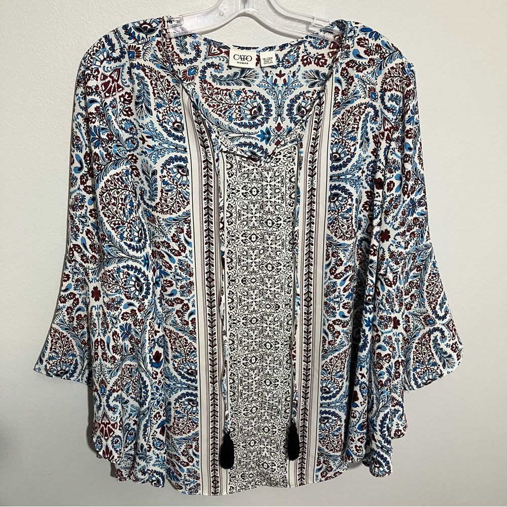 Plus Size Paisley Tunic with Bell Sleeves & Tassels